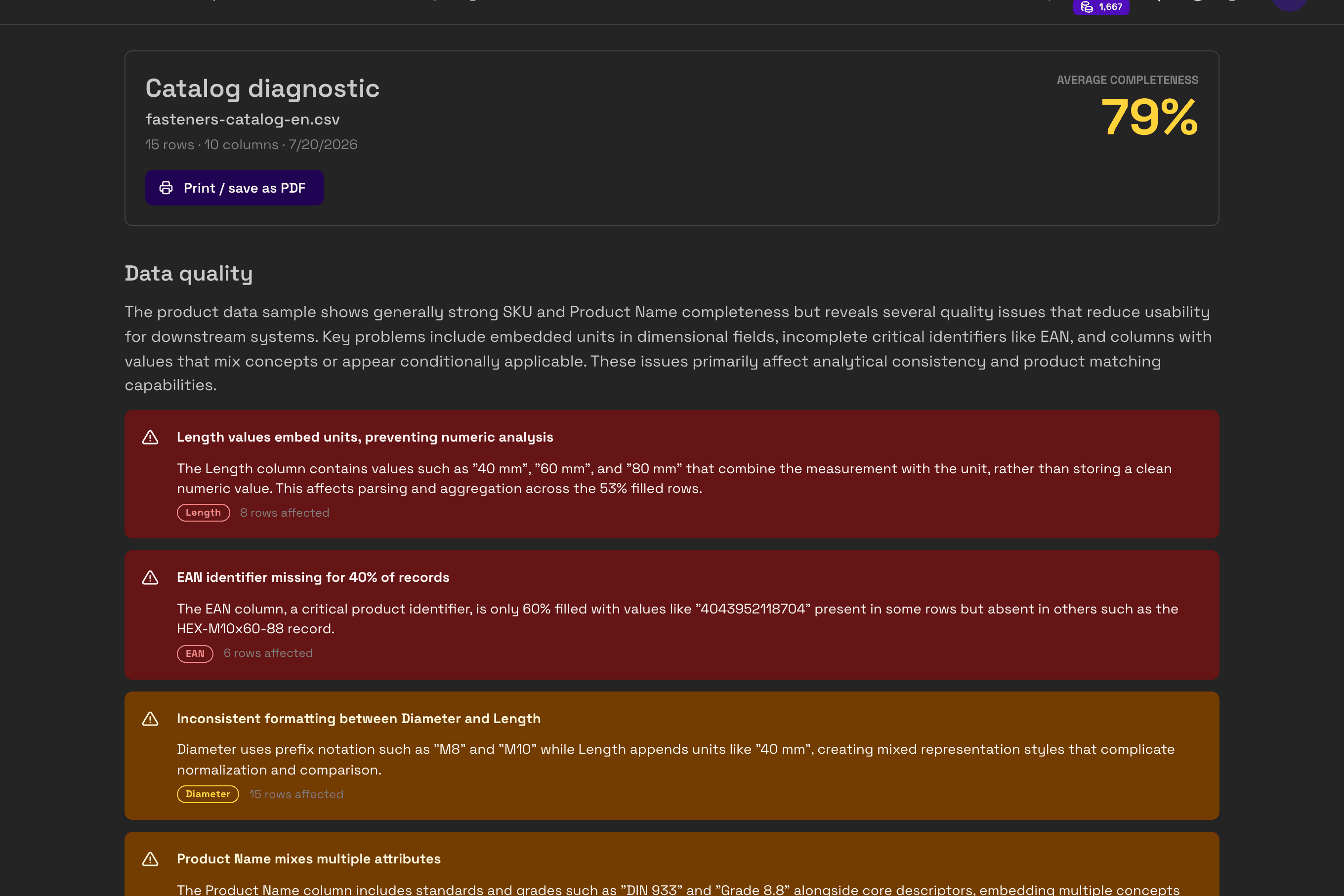 FacetFlux analysis report: detected product types, fill rates per attribute, and enriched sample articles