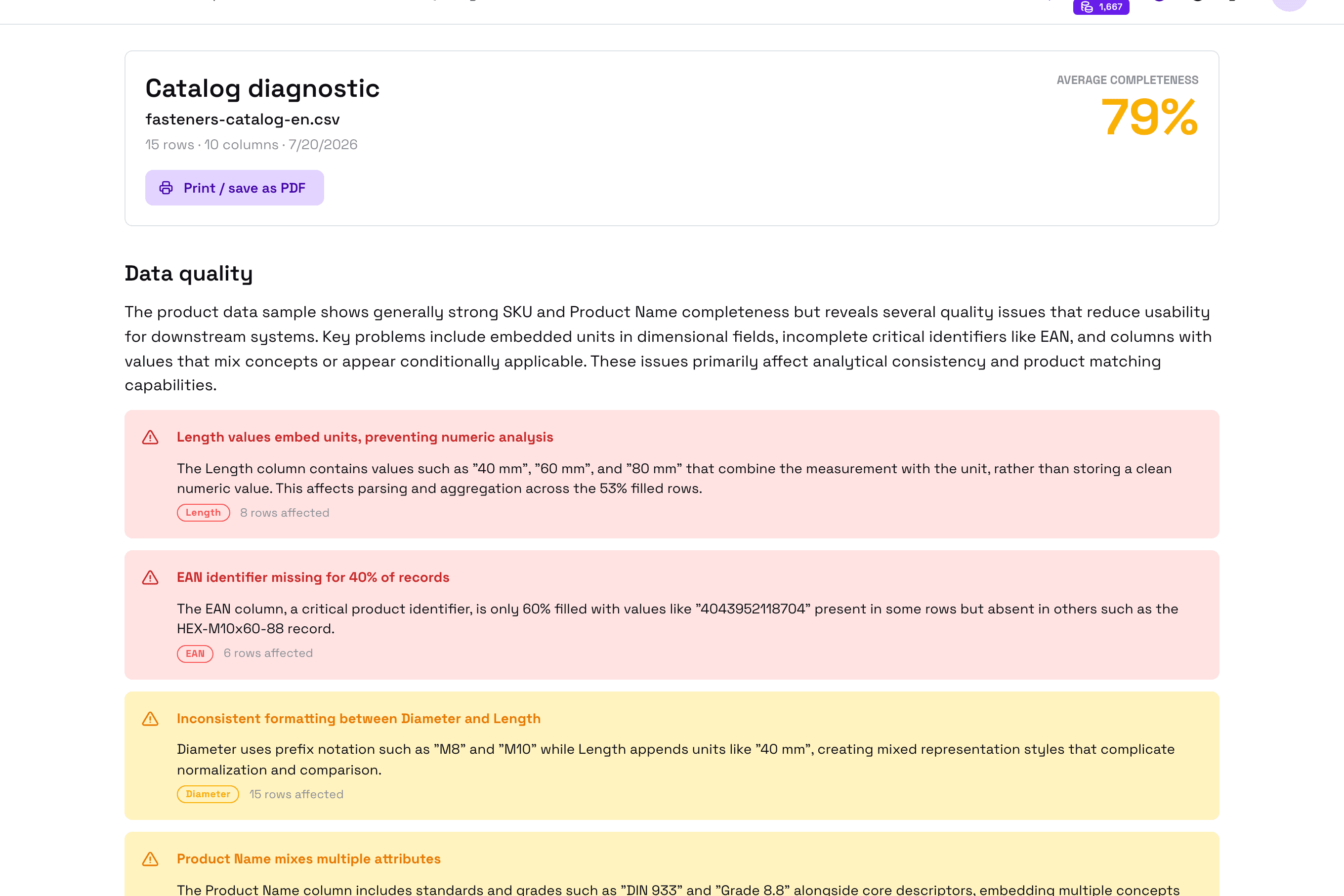 FacetFlux analysis report: detected product types, fill rates per attribute, and enriched sample articles